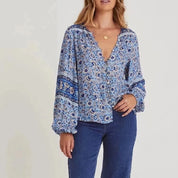 Boho bluse blau&nbsp;mit Puffärmeln