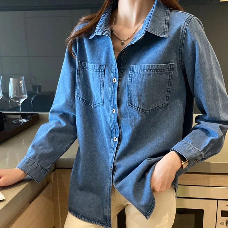 Lange jeansbluse damen für einen trendigen Boho-Style