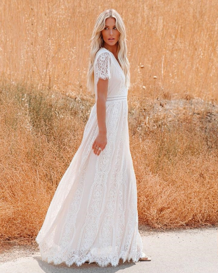 Boho kleid lang spitze Weiß