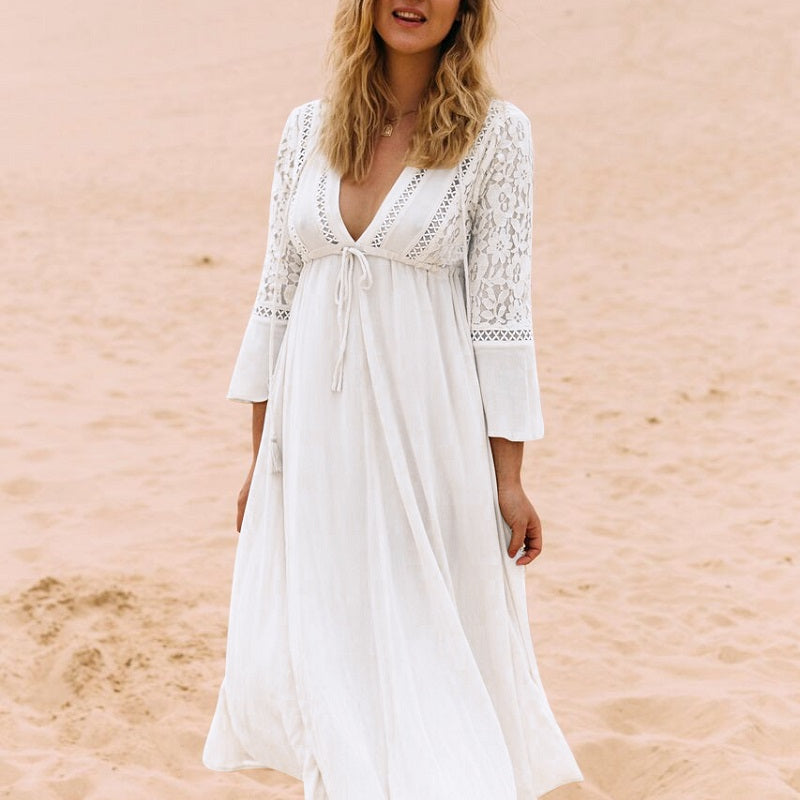 Sommerkleid weiß lang boho mit halbtransparentem Stoff