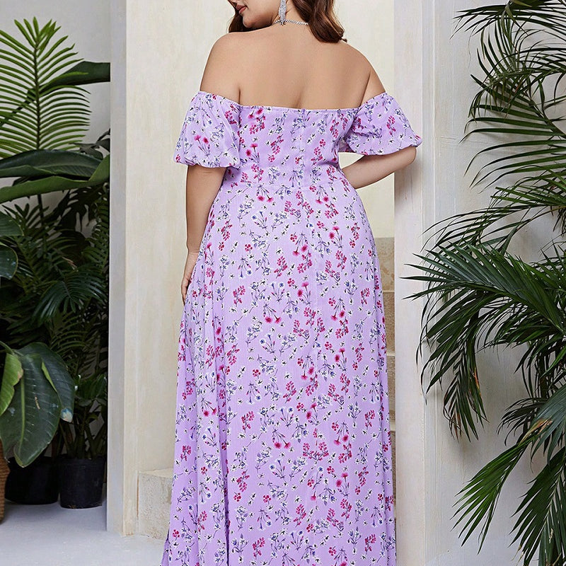 Maxikleid sommer boho große größen mit lila blumenmuster