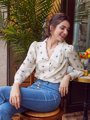 Bluse boho chic Beigefarbene mit Blumenmuster