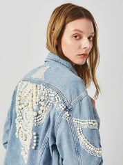 Boho Jeansjacke blau mit Perlen