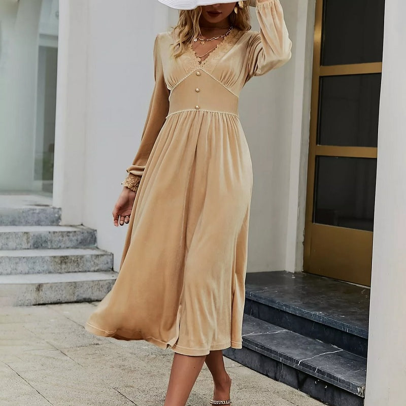 BOHO KLEID BEIGE LANG MIT LANGE ÄRMEL