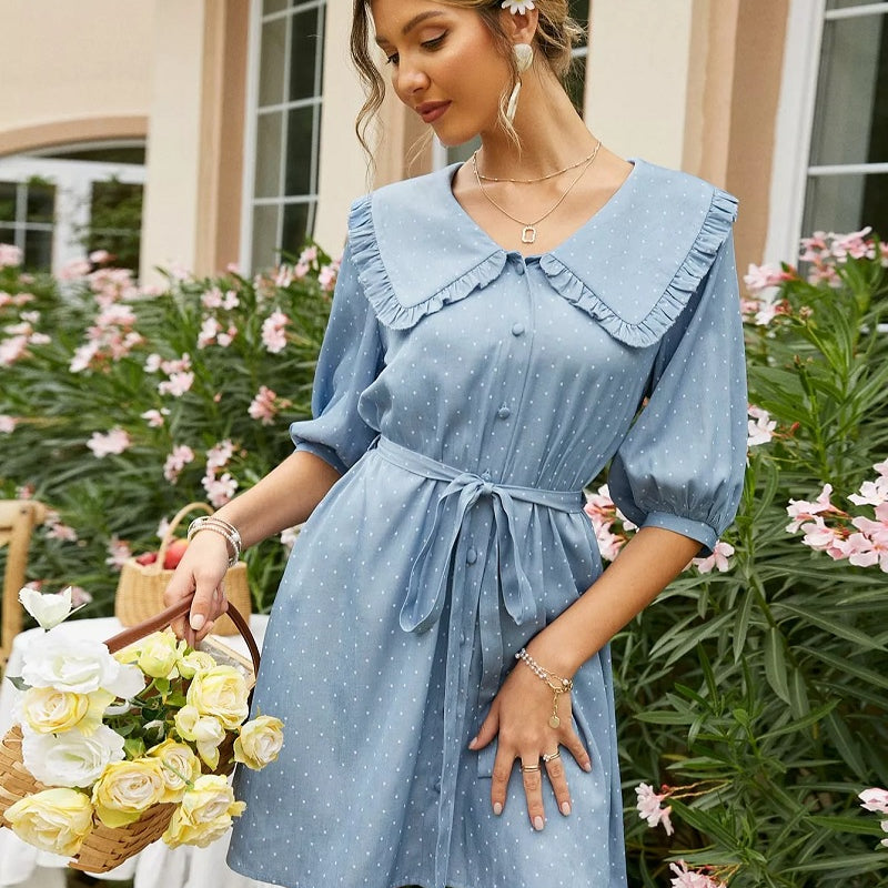 Blaues Boho-Kleid mit Claudine-Kragen