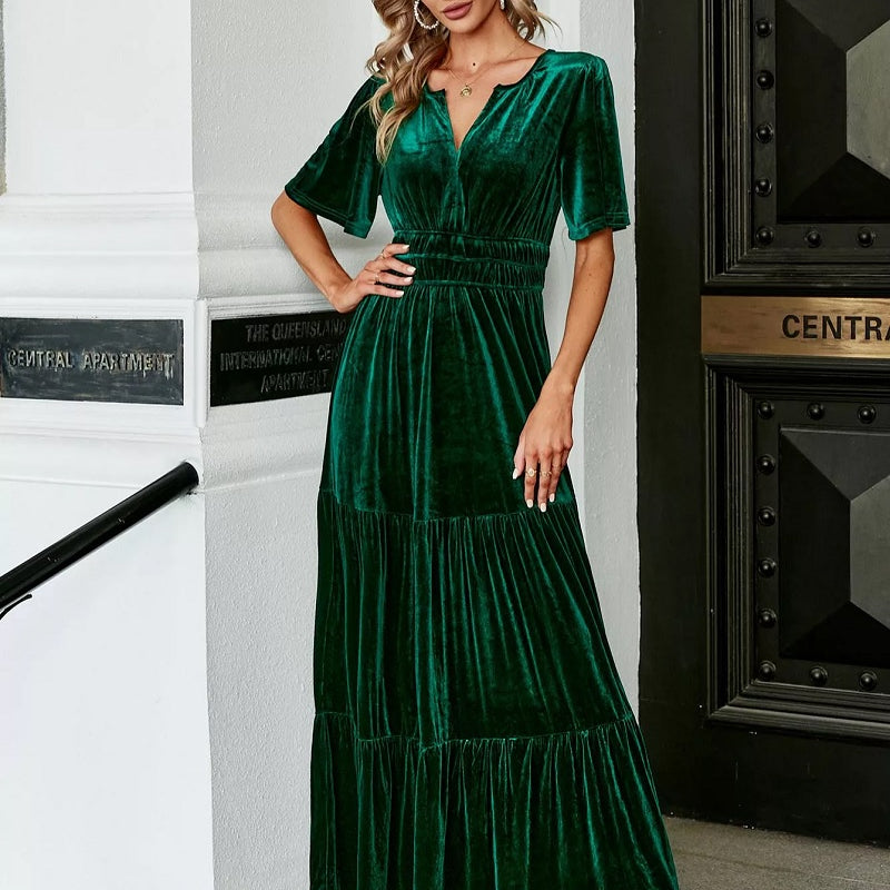 Kleid Boho grün lange aus Samt mit kurze Ärmel