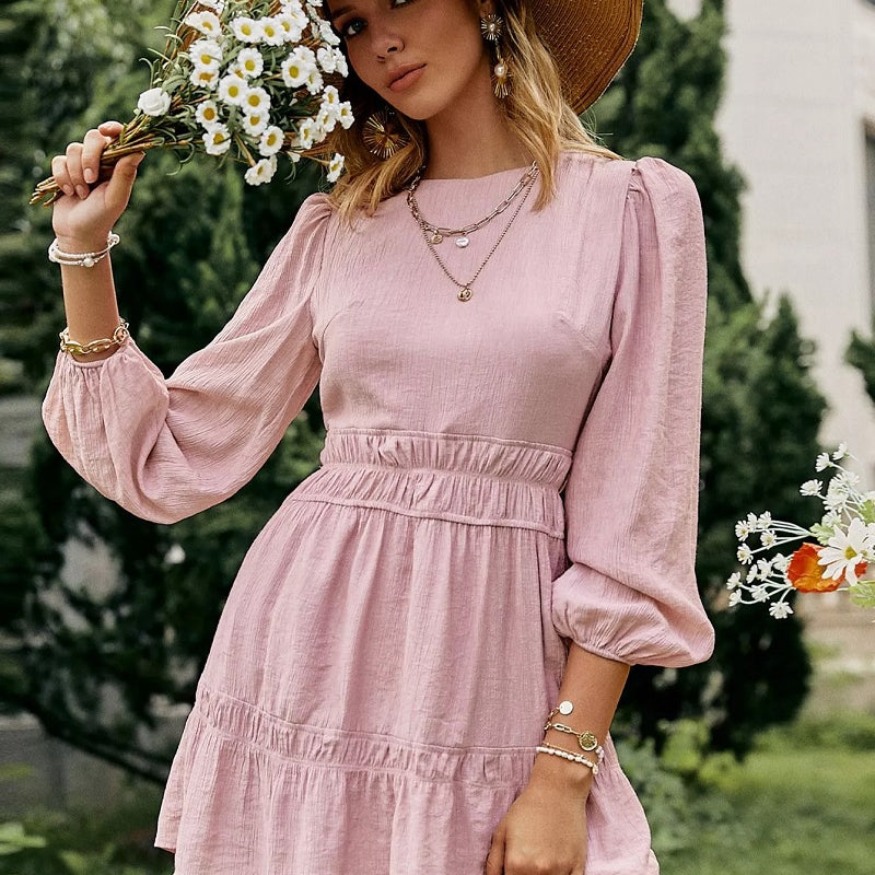 Boho kleid rückenfrei rosa mit elastischer Bund