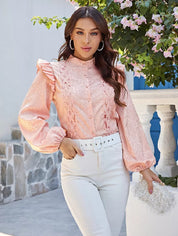 Boho Spitzenbluse rosa mit Rüschenschultern