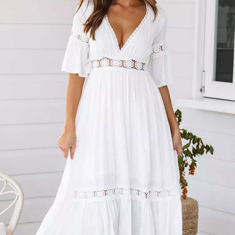BOHO STYLE KLEIDER WEISS MIT V-AUSSCHNITT