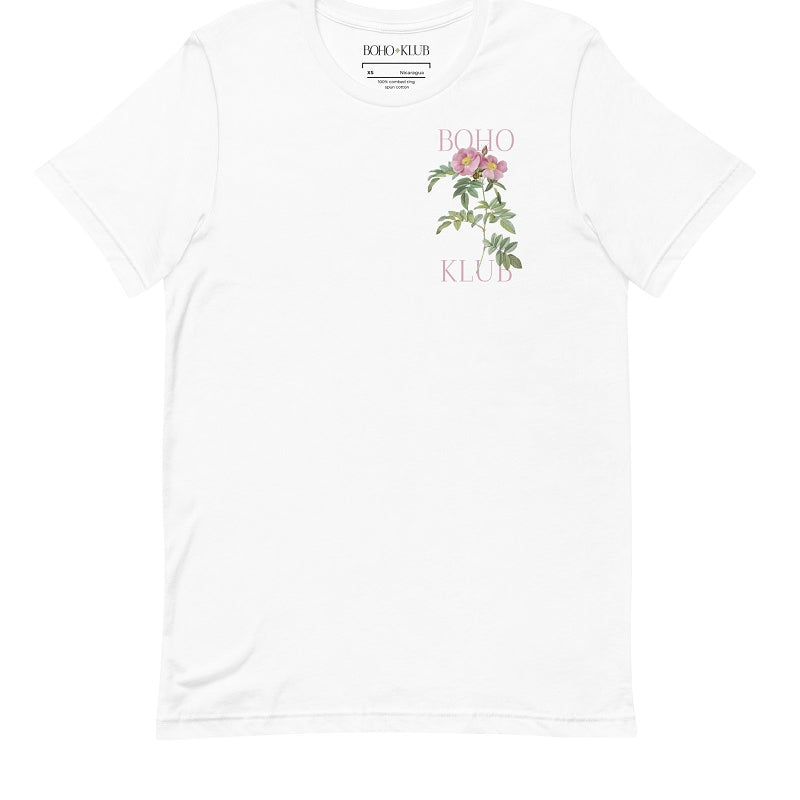 T-Shirt im Boho-Stil mit Blumendruck und rosa Schriften