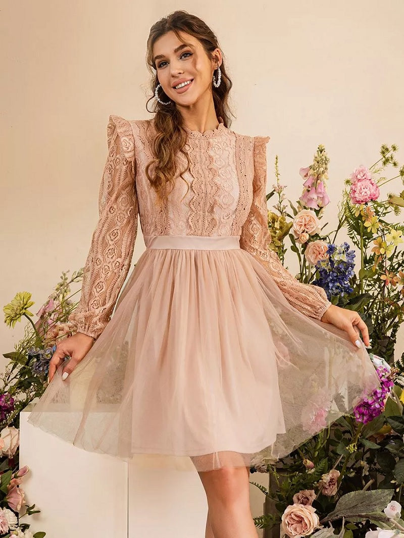 Boho kleid hochzeitsgast vintage rosa mit langen Ärmeln