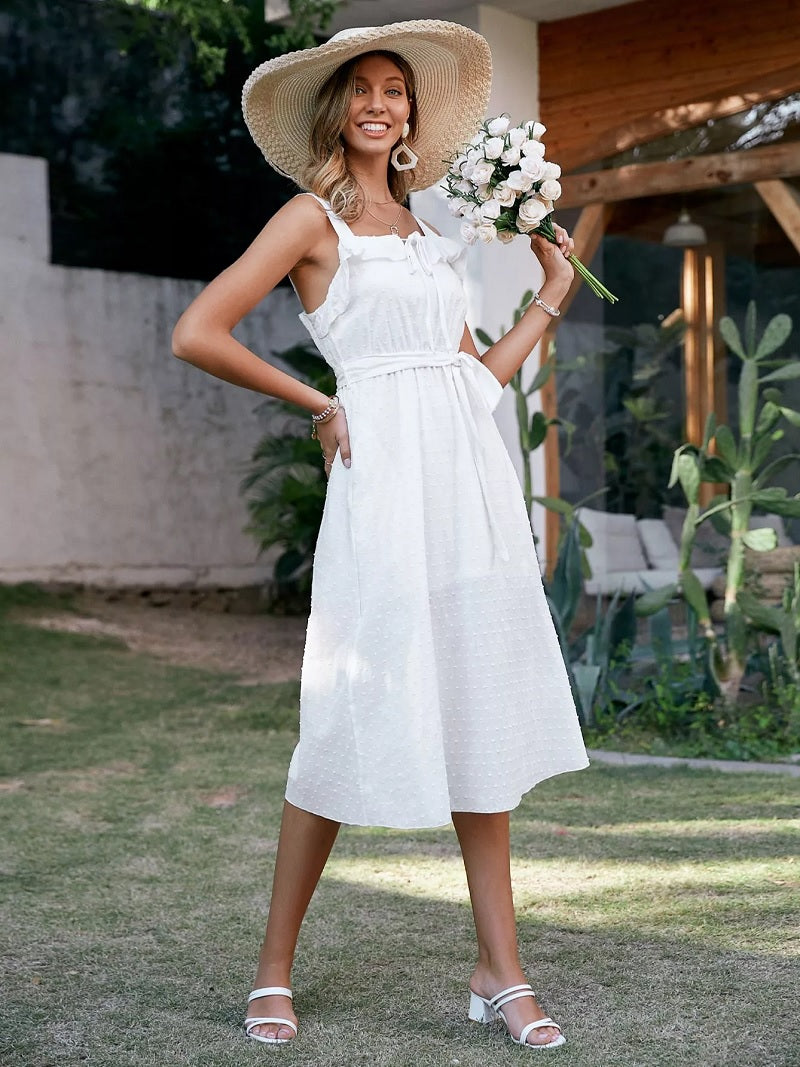 Weißes Boho-Midikleid mit Rüschenbustier