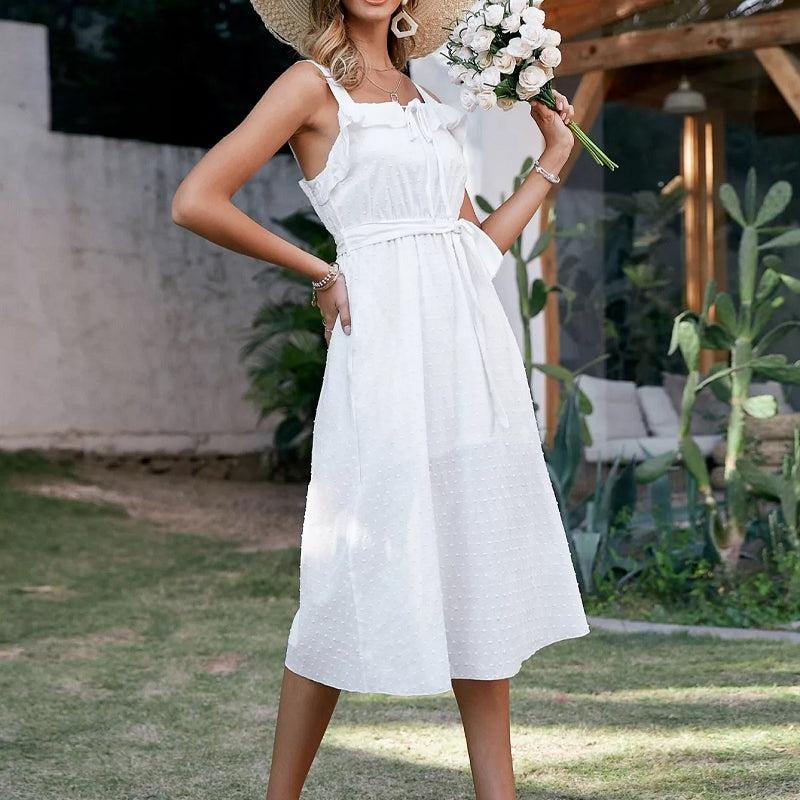 Weißes Boho-Midikleid mit Rüschenbustier