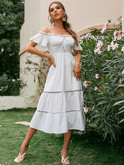 Langes boho kleid weiß mit Bardotkragen