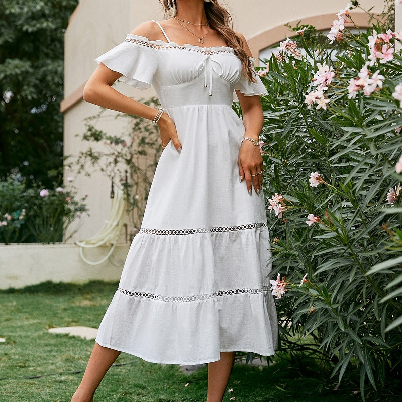 Langes boho kleid weiß mit Bardotkragen