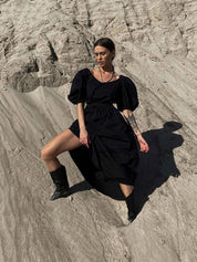 Maxikleid schwarz boho mit Rundhalsausschnitt und Puffärmeln