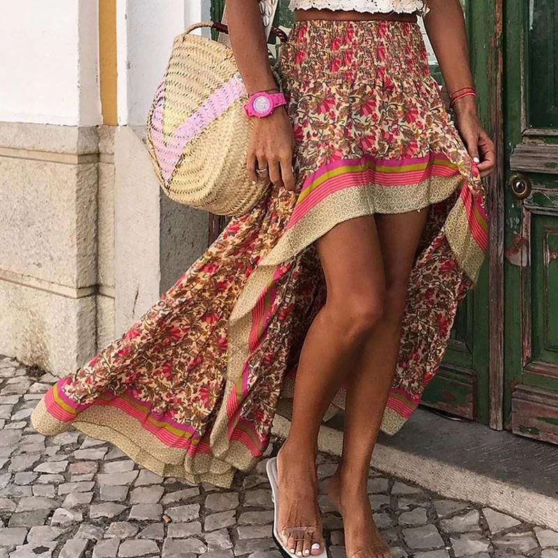 Boho Hippie Maxirock mit weitem Schnitt und rosa Aufdruck
