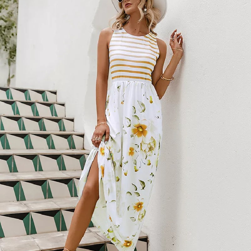 Maxikleid im Boho-Stil für den Sommer mit gelbem Blumendruck und gestreiftem Oberteil