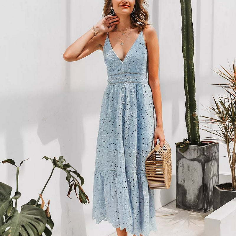 Sommerkleid lang boho mit V-Ausschnitt und Spaghettiträgern