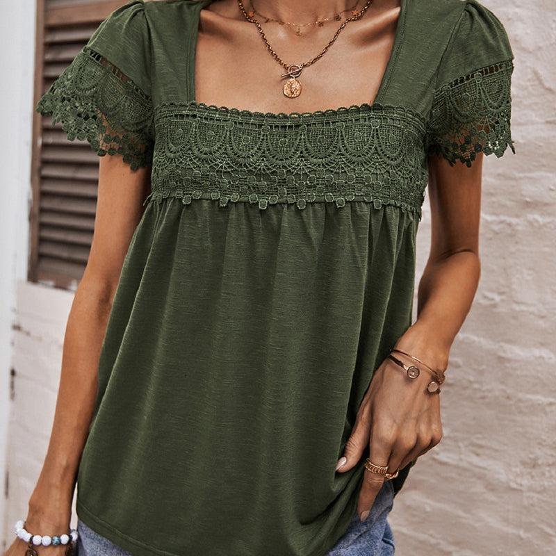 Boho Spitzenoberteil grün mit kurzen Ärmeln