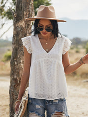 Boho Spitzentop Rüschenärmel weiß