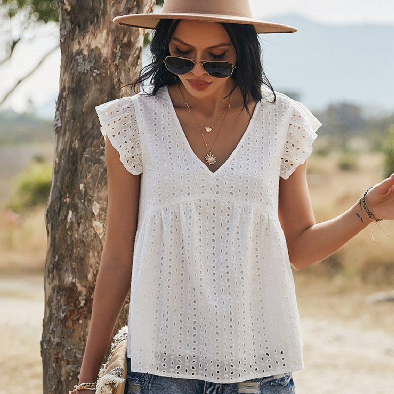 Boho Spitzentop Rüschenärmel weiß