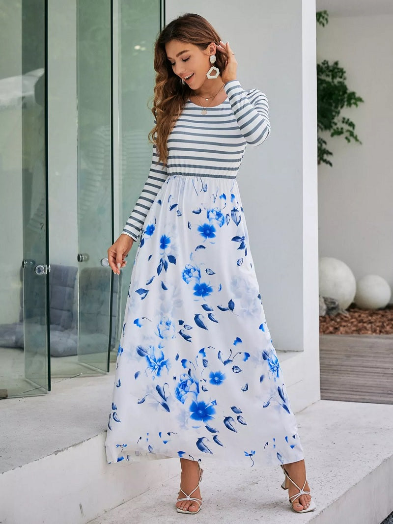 Maxikleid boho style weiß mit Streifen und Blumendruck