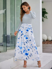 Maxikleid boho style weiß mit Streifen und Blumendruck