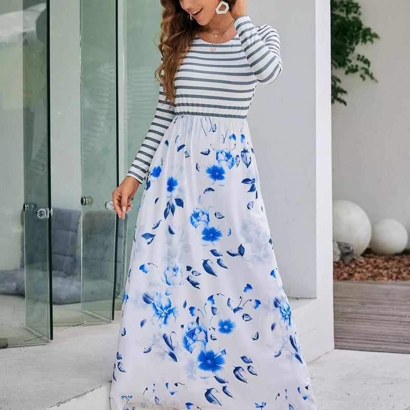 Maxikleid boho style weiß mit Streifen und Blumendruck